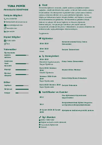 Fen Bilgisi Öğretmeni CV Örnekleri cv indir